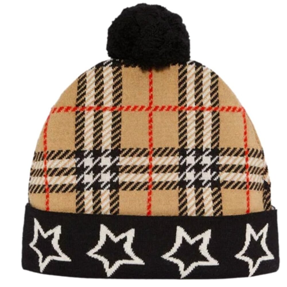 Burberry Unisex Boy Girl Check Stars Wool Pom Pom Beanie Hat Sz Medium Beige NWT